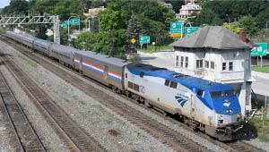 A picture of an Amtrak passenger train passing through Altoona.