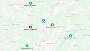 Google Maps view of state and federal parks near Altoona.